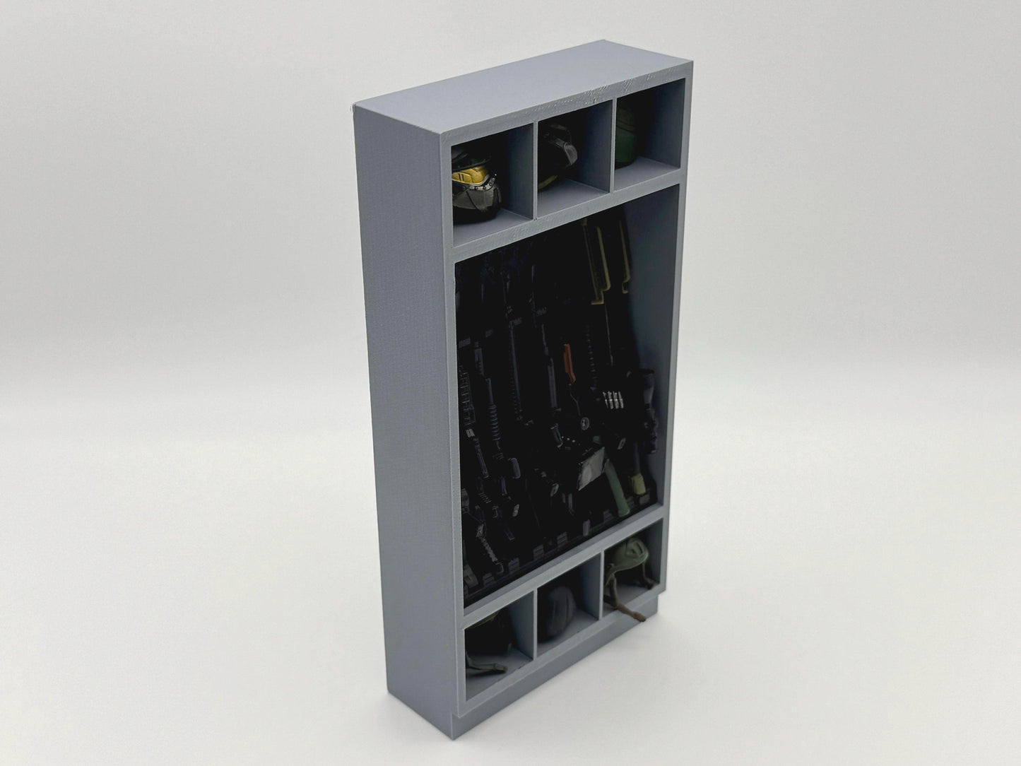 SYS3DARSENAL Armory Rack and Cabinet #05 loaded with 1:12 scale action figure weapons and accessories